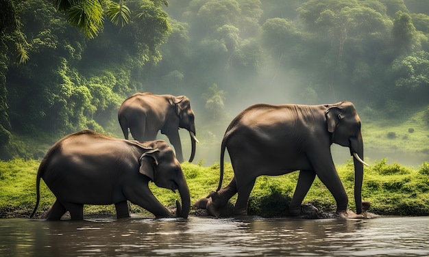 a herd of elephants drinking from a river with trees in the background