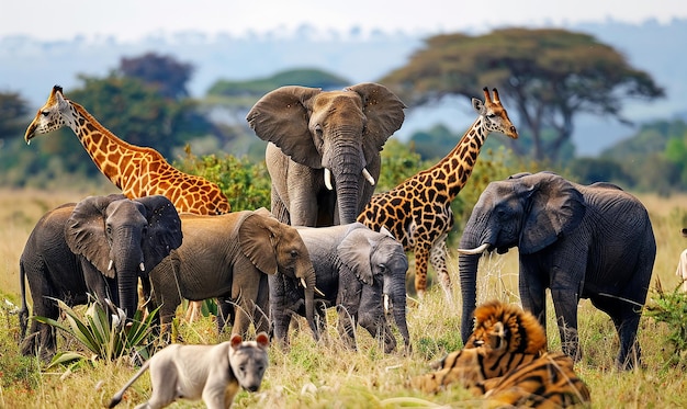 a herd of elephants and giraffes are standing in the grass