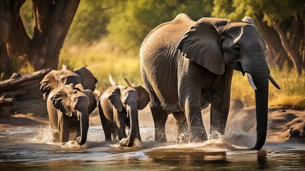 A herd of elephants gracefully traverse a river