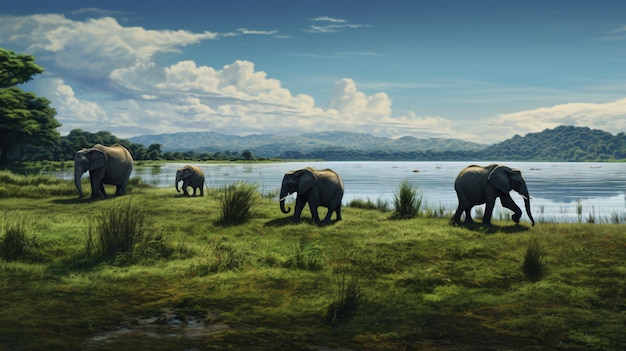 a herd of elephants walking across a field with a mountain in the background