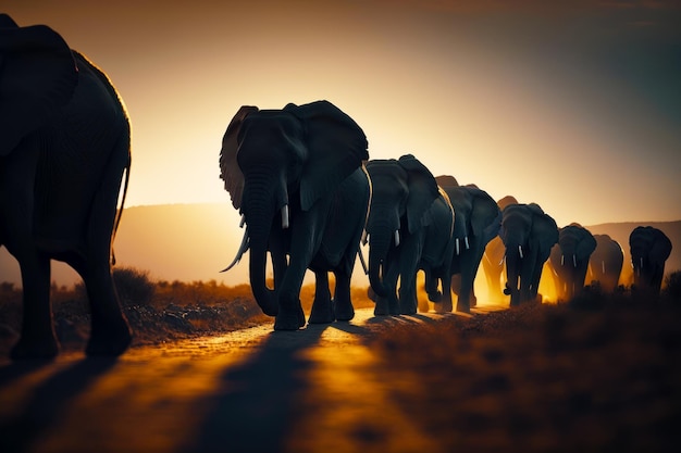 Herd of elephants walking down dirt road in the desert at sunset Generative AI