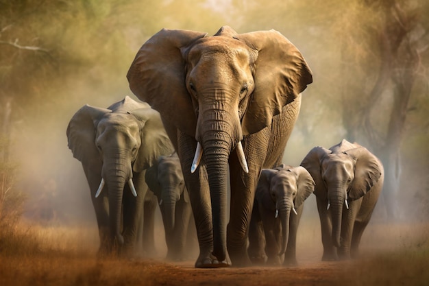 a herd of elephants walking down a dirt road