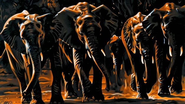 Photo herd of elephants walking in a line artistic painting