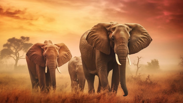 Herd of elephants with long trunks and fangs walking on road