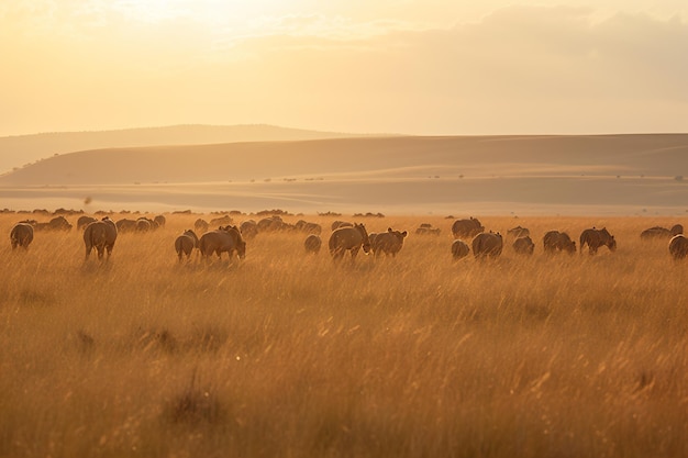 A herd of elk graze in a field at sunset.