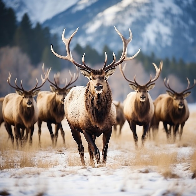 A herd of elk walks across snowcovered meadows climbing snowcovered trees and mountains