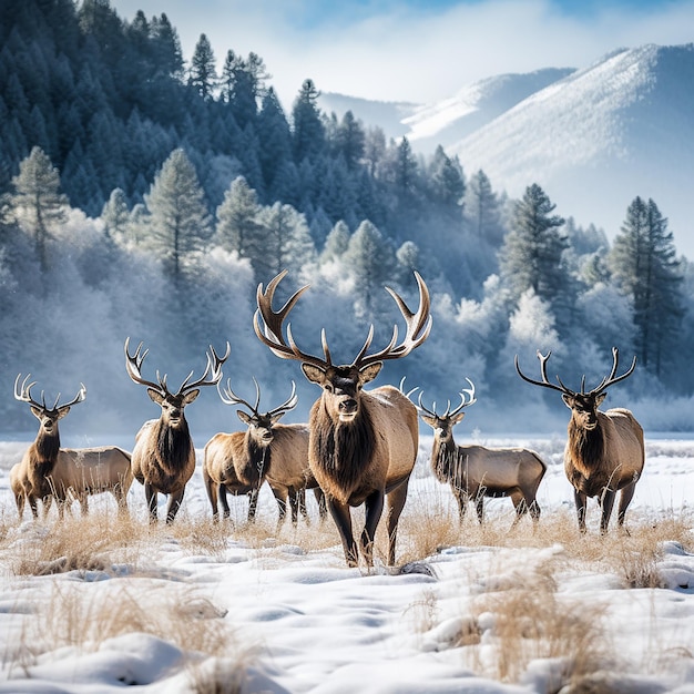 A herd of elk walks across snowcovered meadows climbing snowcovered trees and mountains