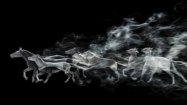 A herd of horses blurred by motion and smoke run across a black background