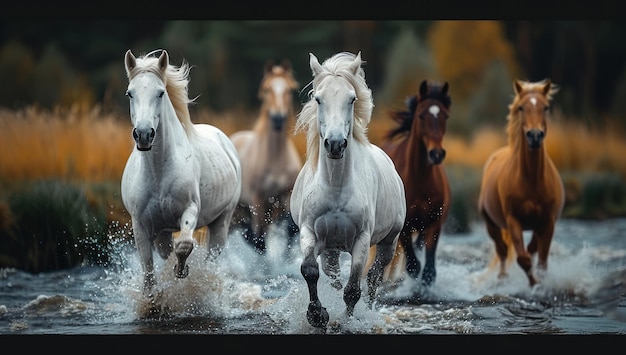 A Herd of Horses Galloping Through a Stream