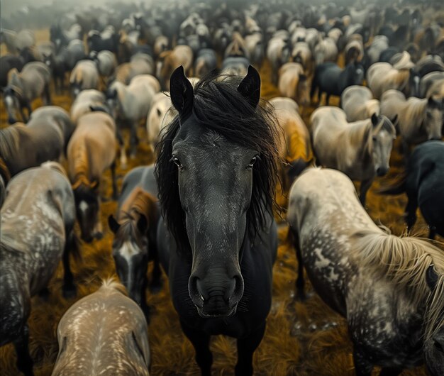 Photo herd of horses grazing on a foggy morning in a rural pasture