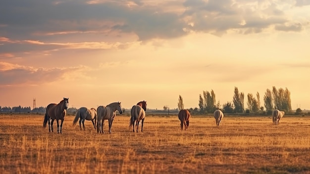 Herd of horses grazing on a meadow at sunset in summer