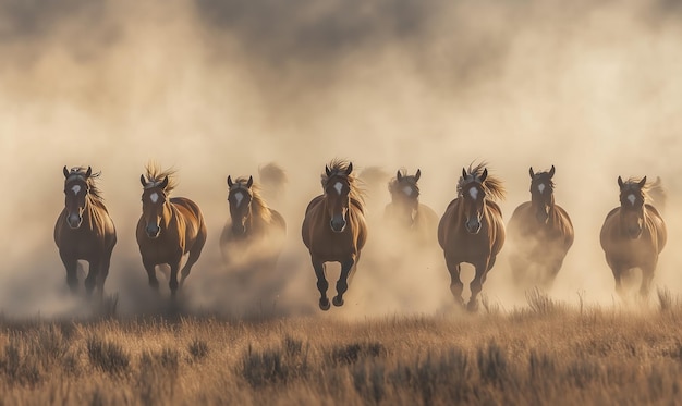 Photo a herd of horses running through a field of tall grass the horses are all brown and appear to be run