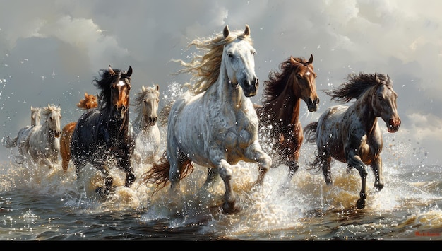 A Herd of Horses Running Through the Water