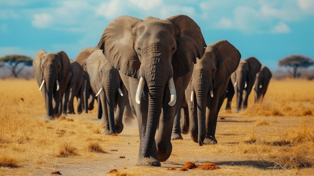 Herd of large African elephants walking