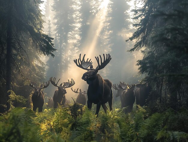 Photo herd of majestic moose stands tall their imposing figures facing the camera with a serene confidenc