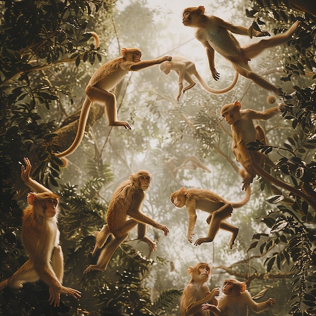 A herd of monkeys jumps from tree to tree in the forest