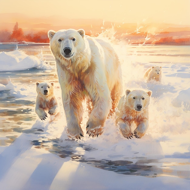 A herd of polar bears walking in the cold snow