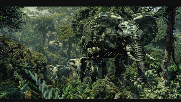 A herd of robotic elephants in a lush dense jungle blending in with their surroundings A fusion of nature and technology