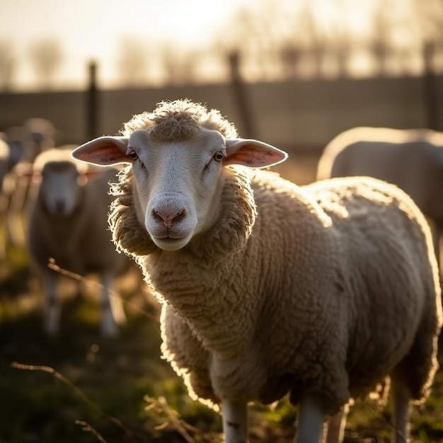 A herd of sheep are standing in a field