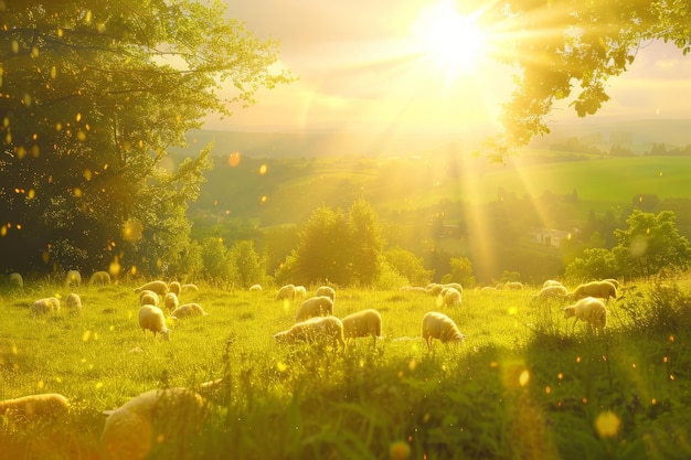 Herd of Sheep Grazing on Lush Green Field