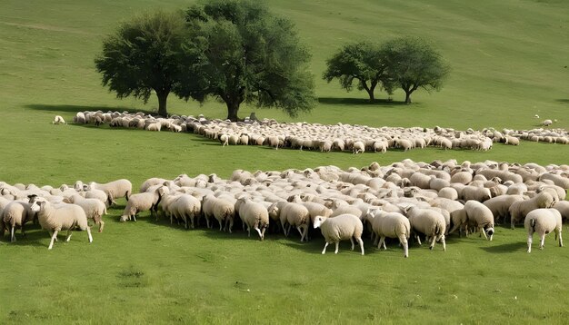 A herd of sheep grazing on the pasture during daytime