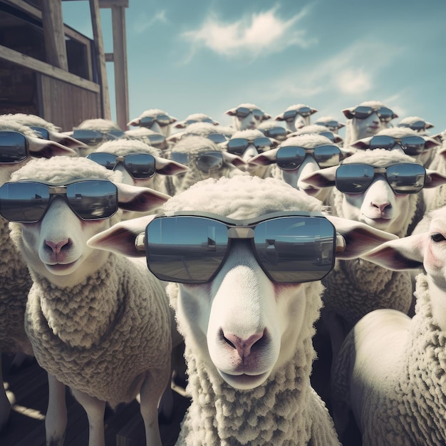 A herd of sheep wearing virtual reality glasses