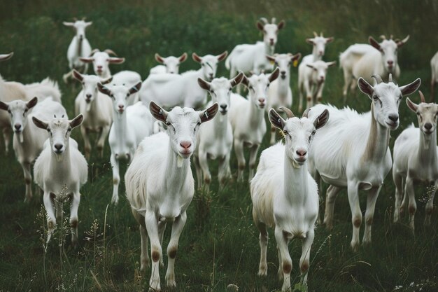 A herd of white goats on the green morning groun