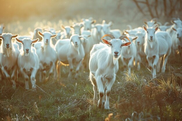 A herd of white goats on the green morning groun