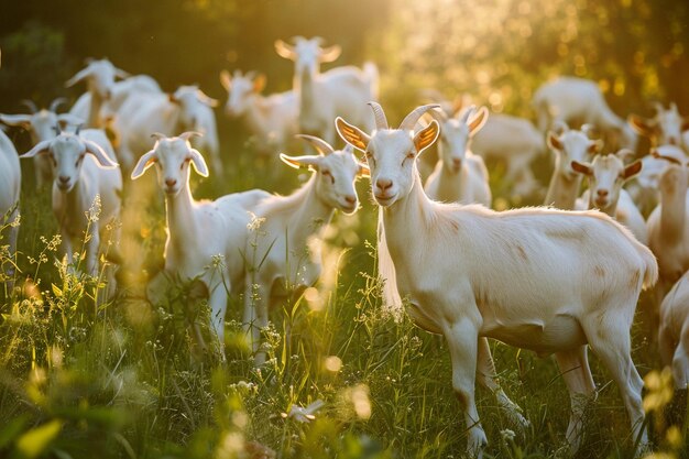 A herd of white goats on the green morning groun