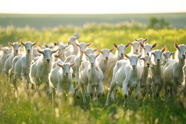 A herd of white goats on the green morning groun