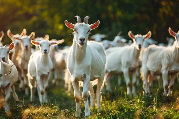 A herd of white goats on the green morning groun