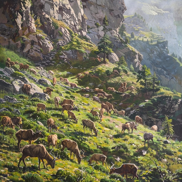 A herd of wild animals grazing on a mountain hillside