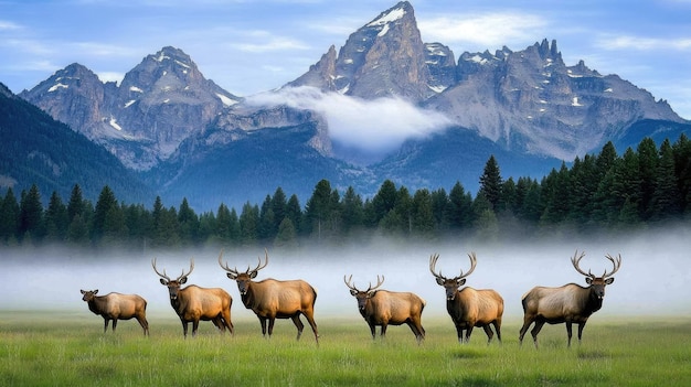 Photo a herd of wild elk grazes peacefully in grand teton national park surrounded by mountains and forest as the sun rises on a beautiful summer morning