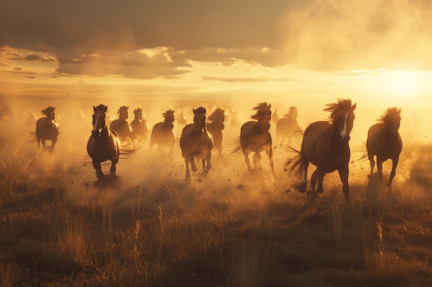 Herd of wild horses kicking up dust as they race a