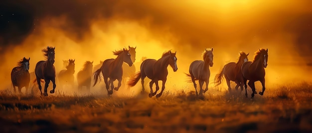 Herd of wild horses running through a field at sunset dust in the air dynamic movement