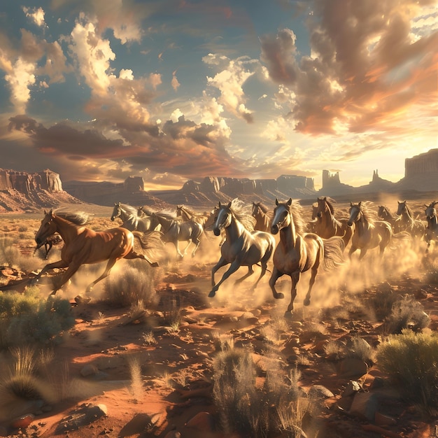 A herd of wild horses thundering across a cinematicwideangle desert landscapetheir powerful bodies