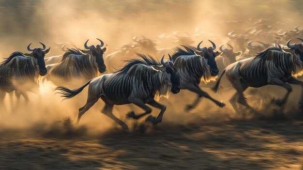 Photo a herd of wildebeests running through a dusty landscape at sunset