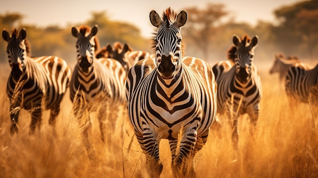 a herd of zebras are running through a field.