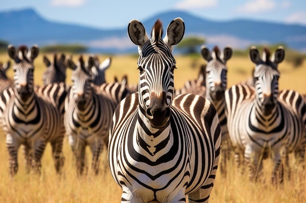 a herd of zebras are standing in a field with mountains in the background.