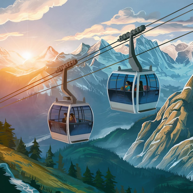 here are two gondolas with people riding on them in the mountains _Ai generated