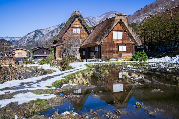 Heritage Wooden Farmhouse with water reflection in Japan's famous village.