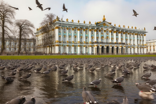 Hermitage in St Petersburg majestic palace serene river flowery gardens generative IA