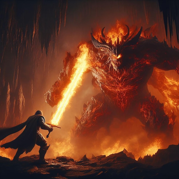 A hero wielding a flaming sword facing off against a towering monstrous creature in a dark ominou