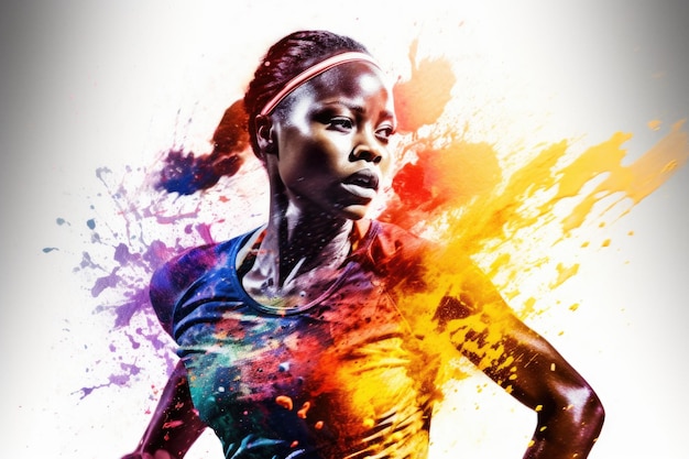 Heroic double exposure colorful photo of a well trained female African runner speedy running