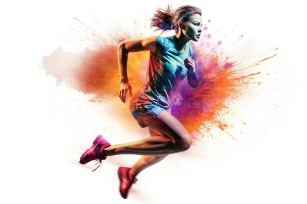 Heroic double exposure colorful photo of a well trained female Chinese runner speedy running