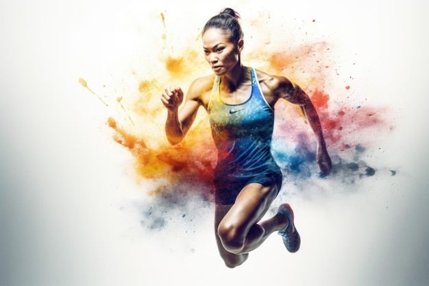 Heroic double exposure colorful photo of a well trained female Chinese runner speedy running