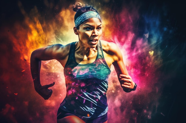 Heroic double exposure colorful photo of a well trained female Hispanic runner speedy running