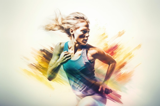 Heroic double exposure colorful photo of a well trained female Swedish runner speedy running