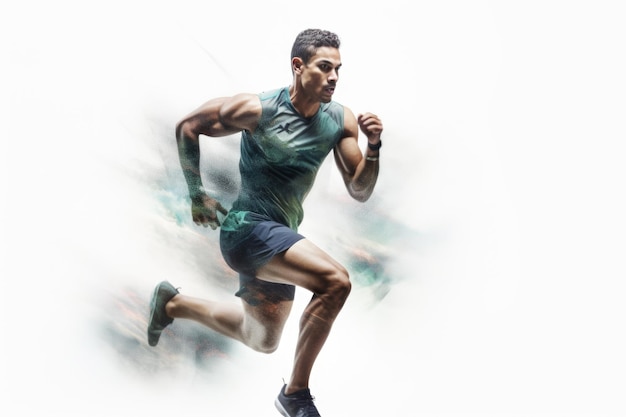 Heroic double exposure photo of a well trained male Hispanic runner speedy running