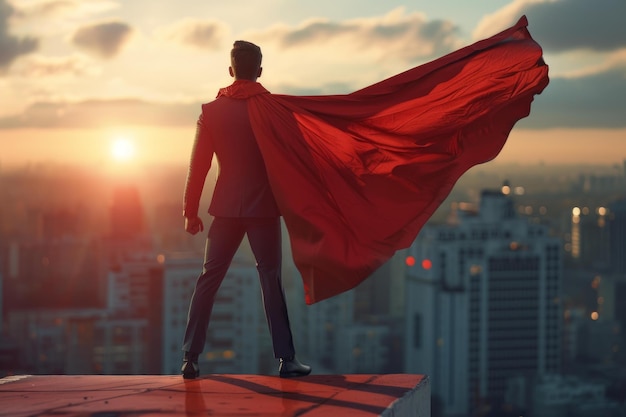 Heroic figure overlooking city at sunset